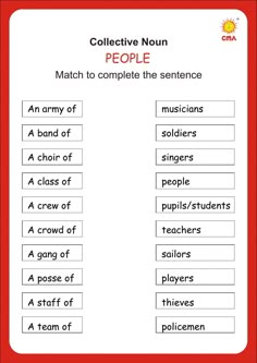 a red and white poster with words on it that say,'collective nun people match to complete the sentence