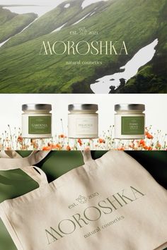 the packaging design for an organic product is shown in three different colors and sizes, including green