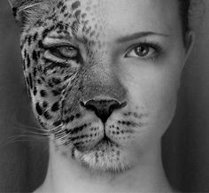 a black and white photo of a woman with a cheetah face