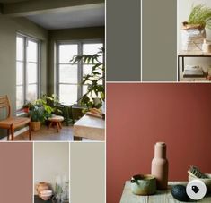 a collage of photos with different shades of grey, pink and green in the same room