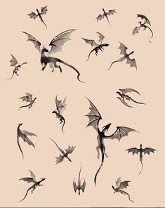 black and white drawing of flying dragon silhouettes on light pink backgrounnd background