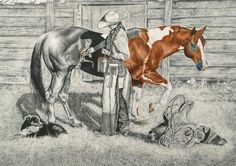 a pencil drawing of a cowboy and his horse