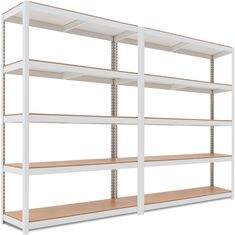 an empty white shelving unit with wooden shelves on each side and one shelf above the other