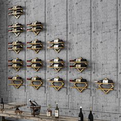 the wine rack is made out of wood and has several bottles on it