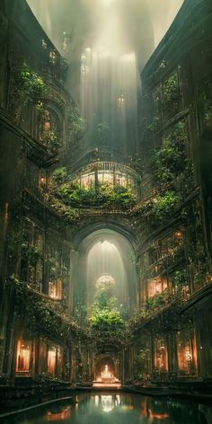 an image of a building with plants growing out of it's walls and windows