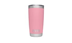 the yeti tumbler is pink and has a stainless steel lid with a silver trim