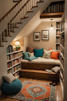 a living room filled with lots of books on top of a book shelf next to a stair case