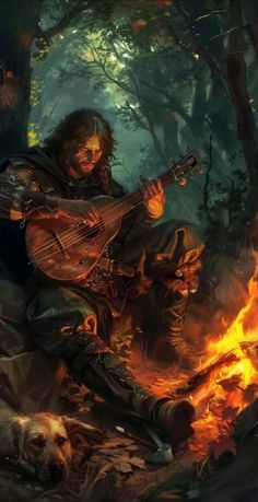 a painting of a man playing the guitar in front of a campfire with his dog