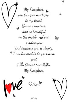 a mother's poem with hearts and butterflies on the bottom, in black ink