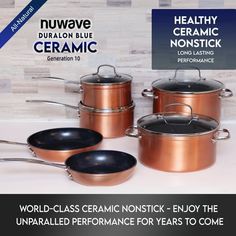 four pots and pans with the words world - class ceramic nonstickk enjoy the unpailled performance for years to come