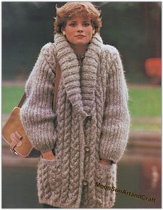 To fit bust: 32 - 36 inch Cozy Fitted Knitting Pattern For Fall, Warm Knit Knitting Pattern For Fall, Cozy Chunky Knit Fitted Sweater Coat, Fall Chunky Knit Fitted Knitting Pattern, Chunky Coat, Crochet Lovey, Vintage Knitting Patterns, Long Sleeve Outerwear, Plus Size Outerwear