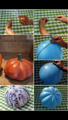 there are many different pictures of pumpkins being made with plastic bottles and balloons on the table