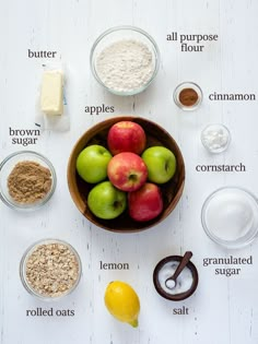 the ingredients to make an apple pie laid out in bowls