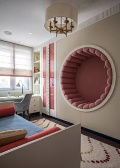 a living room filled with furniture and a round mirror