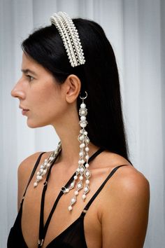 Playful, yet elegantly luxurious. Balanced and lightweight, you'll wear it for hours. Includes two removable attachments of your choice. Endlessly personalize the look with more colored tassels and attachments from our Add-Ons section. Beaded Headpiece, Beading Netting, Silver Caps, Pearl Collection, Head Piece, Gold Wash, Head Band, Add Ons, Gold Collection