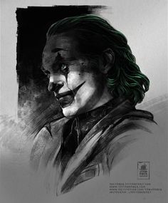 a drawing of the joker in black and white, with green hair on his face