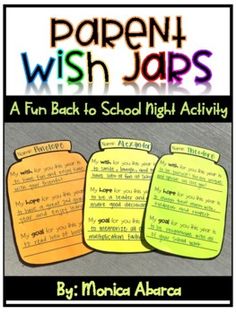 This is a quick and heartfelt Back to School Night activity to engage parents while encouraging students! Parents will "fill" the jar with their wishes, hopes, and goals for their child this school year. You can leave this quick parent activity on each students desk to complete as they come into your classroom. This activity is a great way to give parents something to do, while waiting for your presentation to begin. Students love coming in the following morning to see what their parents have wr School Open House Treats Parent Night, Parent Wishes For School Year, Parent Wish Jar, Back To School Night Crafts Preschool, Back To School Night Games For Parents, Back To School Night For Parents, Back To School Night Themes, Curriculum Night Activities For Parents, Back To School Craft 3rd Grade