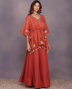 Toffee Rose, Sharara For Women, V Neck Kaftan, Smart Clothing, Diwali Dresses, Sharara Pants, Floral Work, Rose Fabric