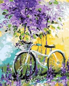 a painting of a bicycle parked in front of a tree with purple flowers on it