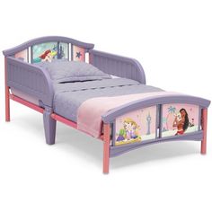 Your little one will relax like royalty with this Disney Princess Plastic Toddler Bed by Delta Children. Featuring colorful decals of everyones favorite Disney princesses, Ariel, Rapunzel and Moana, this kids toddler bed ensures each night ends happily ever after. The beds low mattress height and attached guardrails make it the best option for your childs first big-kid bed, giving them the independence they crave while keeping them safe throughout the night. Get this toddler bed today and bring Disney Princess Toddler Bed, Princess Toddler Bed, Disney Princess Bedding, Kids Toddler Bed, Disney Princess Toddler, Kid Bed, Disney Princess Babies, Big Kid Bed, Princess Bed