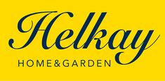 the logo for helkay home and garden, which is located in front of a yellow background