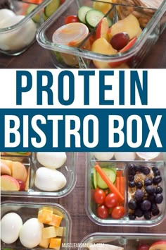 several plastic containers filled with different types of food and the words protein bistro box