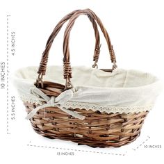 a basket with lace on the bottom and handles is shown in size guide for measurements