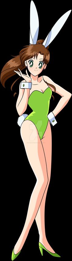 a woman in a green bathing suit and bunny ears with scissors on her head, holding a