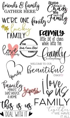 the family word art is shown in black and white, with different font styles to choose from