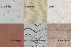 four different types of textured wallpapers in various colors and sizes, including brick