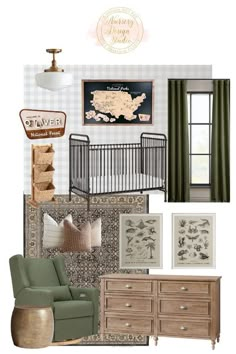 a baby's room with furniture and decor on the walls, including a crib