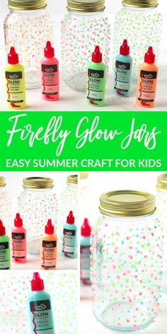 mason jar filled with crafting supplies and text that says, firefly glow jars easy summer craft for kids