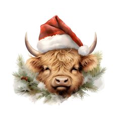 Christmas Highland Cow Santa Hat 2 Fabric Panel - ineedfabric.com Christmas Highland Cow, Scottish Cow, Cow Clipart, Cow Png, Cow Art, Digital Print Fabric, Christmas Clipart, Christmas Watercolor, Highland Cow