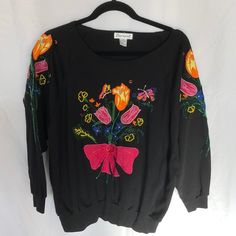 Tops | Vintage Beaded And Embroidered 8s Sweat Shirt | Poshmark Mid Century Accessories, Top Girl, Large Bow, Flower Detail, Beaded Top, Boho Hippie, Beaded Flowers, Vintage Tops, Vintage Flowers