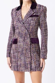 This Tweed Blazer Dress is the perfect combination of style and class. Featuring a V neckline and shoulder pads this double-breasted piece is perfectly completed with a luxe notched velvet and tweed collar. Show off your silhouette in this chic piece perfect for special occasions and events. Add a modern twist to your wardrobe with this elegant and timeless design. Offering an unbeatable style and luxurious feel you won't want to take it off! Optimize your search engine and stand out of the crow Tweed Blazer Dress, Tweed Blazer Women, Womens Tweed, Rose Velvet, Knit Bottom, Velvet Trim, Tweed Dress, Blazer And Shorts, Tweed Blazer