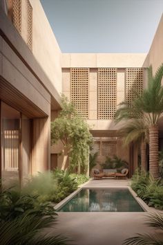 an outdoor pool surrounded by palm trees and greenery in front of a building with large windows