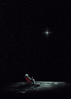 an astronaut is sitting on the moon and looking up at the stars above him,