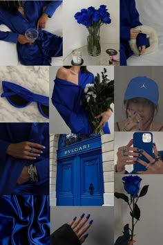 a collage of photos with blue accessories and flowers, including a woman in a blue dress