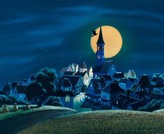 an animated image of a town at night with the moon in the sky above it