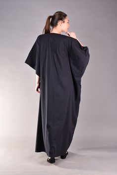 "Very romantic caftan dress in black. The main advantages of this long black dress are the kimono sleeves and the loose fit cut which hides any flaws while the gathered detail under the bust emphasizes the top part of the body. This black maxi dress is very comfortable so it is a great choice for the daytime matched with flats. ^ Sizes: The item can be made in sizes from XXS to 7XL. Please, use the size chart below or if you are not sure about your size, just * contact us with your measures! ^ E Black Long Abaya For Spring, Long Black Abaya For Spring, Long Black Spring Abaya, Spring Black Long Abaya, Black Long Thobe For Summer, Black Maxi Thobe For Beach, Spring Black Maxi-length Abaya, Spring Black Maxi Length Abaya, Elegant Black Tunic Abaya