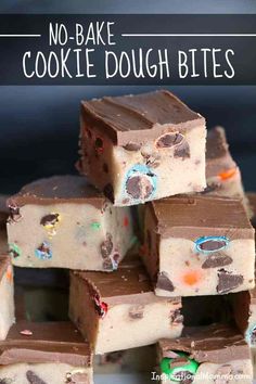 no - bake cookie dough bites stacked on top of each other