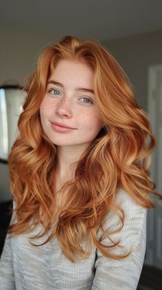 a woman with red hair is looking at the camera