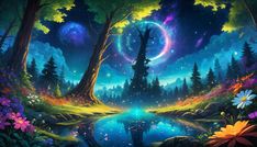 a painting of trees and flowers in the night sky, with a lake below it