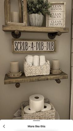 some shelves with toilet paper and other items on them