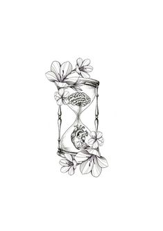 a drawing of an hourglass with flowers on the side and a skull in the middle