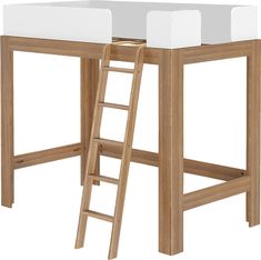 a wooden ladder is next to a table with two white top tables on each side