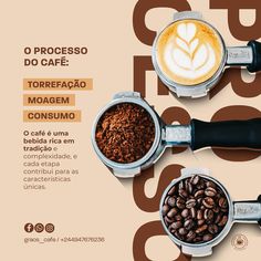 three different types of coffees and beans on a brown background with the words'o processo do cafe '