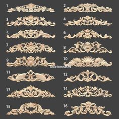 the different types of carved wood carvings in various styles and sizes, with numbers on each side