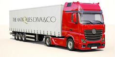 a red and white semi truck is shown in front of a white background with the words,