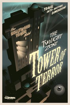 the twilight zone tower of terror poster is shown in black and white, with an image of